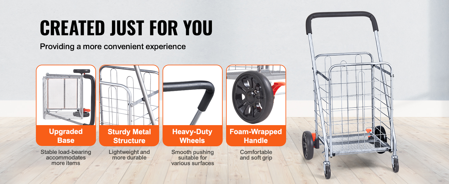 VEVOR folding shopping cart with sturdy metal structure, upgraded base, heavy-duty wheels, foam handle.