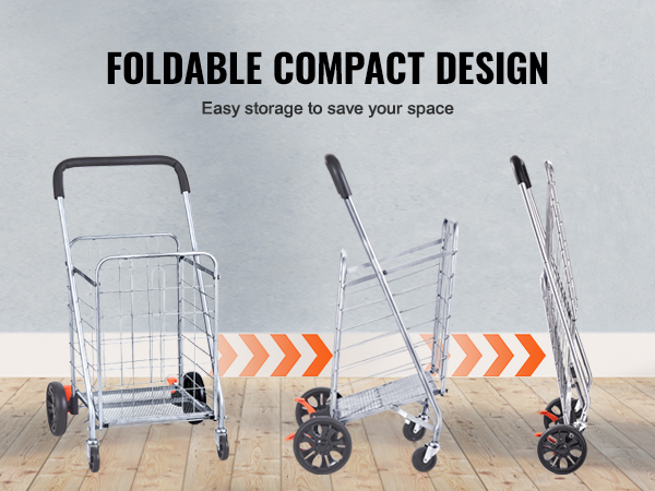 foldable compact design of VEVOR folding shopping cart for easy storage in various small spaces.