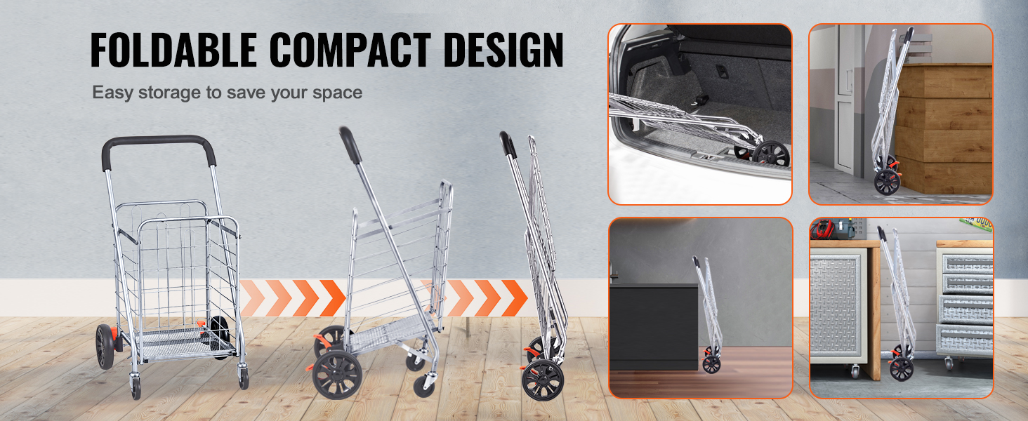 foldable compact design of VEVOR folding shopping cart for easy storage in various small spaces.