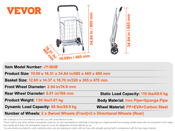 VEVOR folding shopping cart with dimensions, weight, and load capacity displayed.
