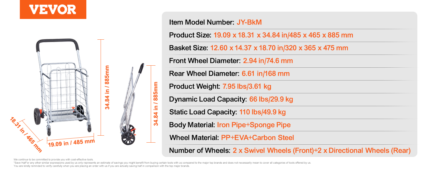 VEVOR folding shopping cart with dimensions, weight, and load capacity displayed.