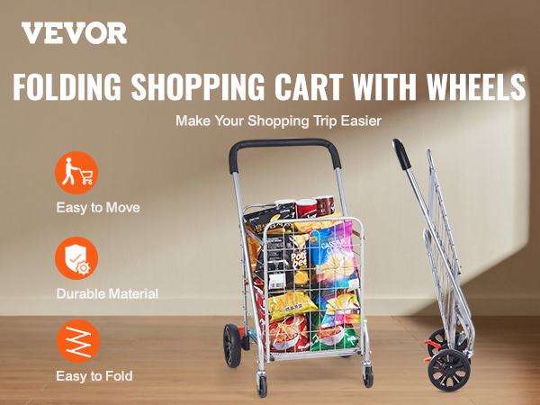 VEVOR folding shopping cart with wheels, loaded with groceries, displayed with easy to fold and move icons.