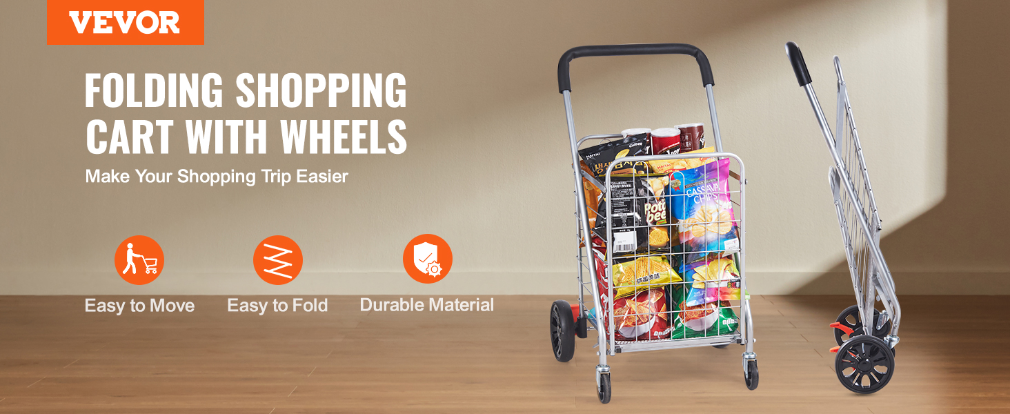 VEVOR folding shopping cart with wheels, loaded with groceries, displayed with easy to fold and move icons.