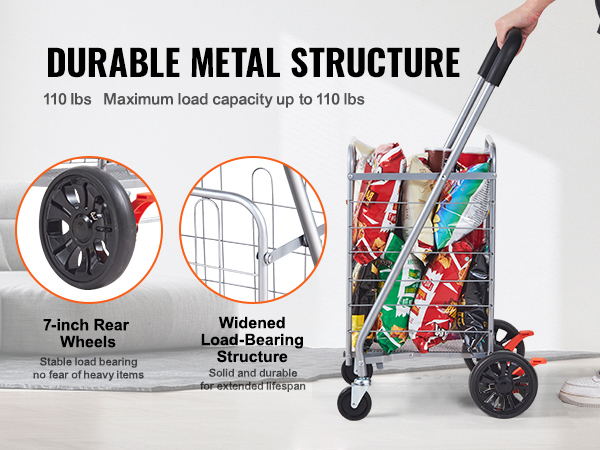 VEVOR folding shopping cart with durable metal structure, 7-inch rear wheels, and 110 lbs load capacity.