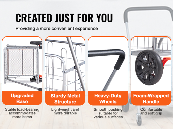 VEVOR folding shopping cart with sturdy metal structure, heavy-duty wheels, upgraded base, and foam-wrapped handle.