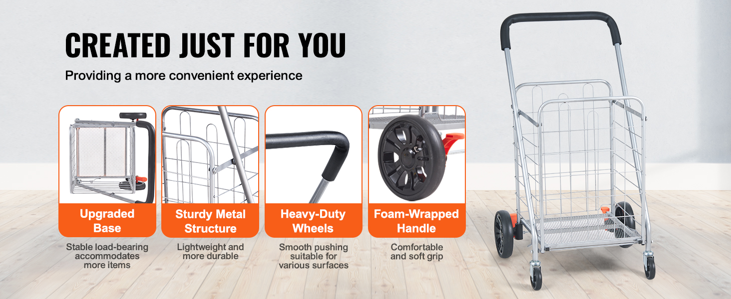 VEVOR folding shopping cart with sturdy metal structure, heavy-duty wheels, upgraded base, and foam-wrapped handle.