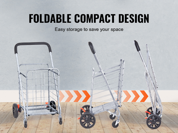 foldable compact VEVOR folding shopping cart for easy storage, shown in various folded and unfolded positions.