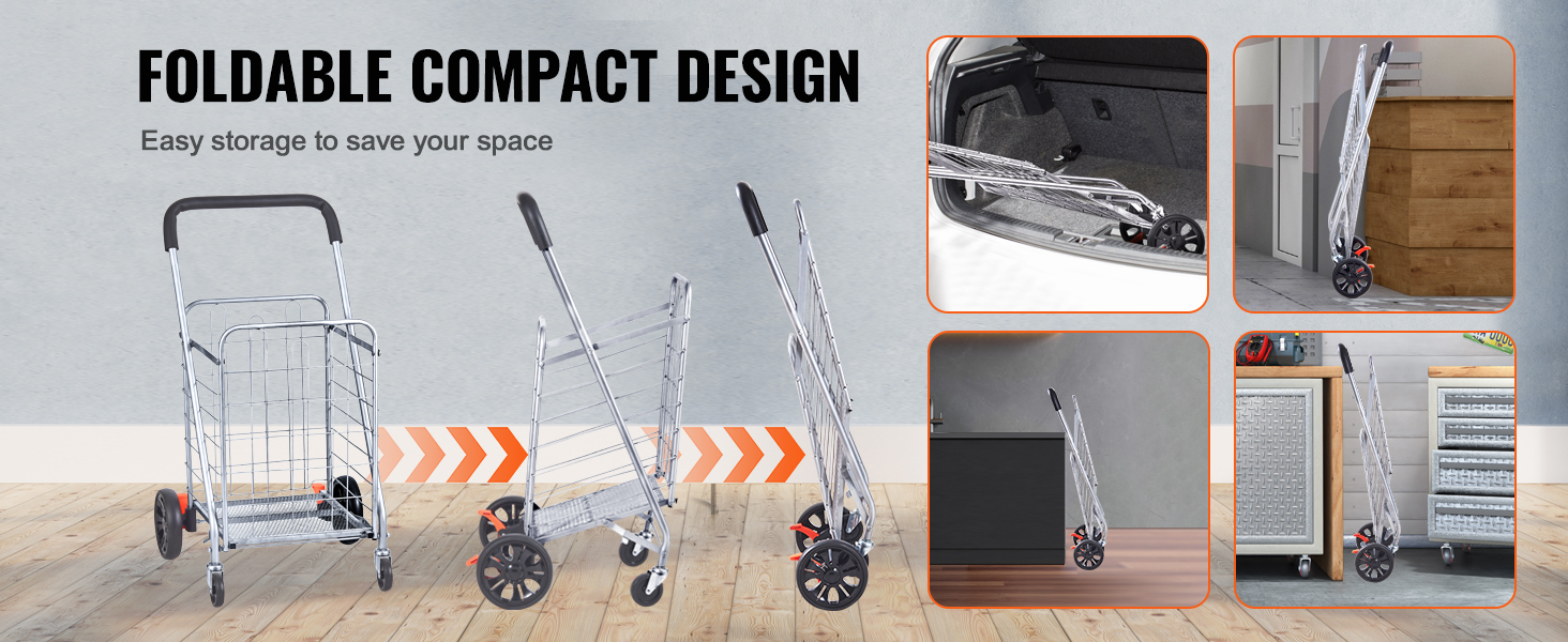foldable compact VEVOR folding shopping cart for easy storage, shown in various folded and unfolded positions.