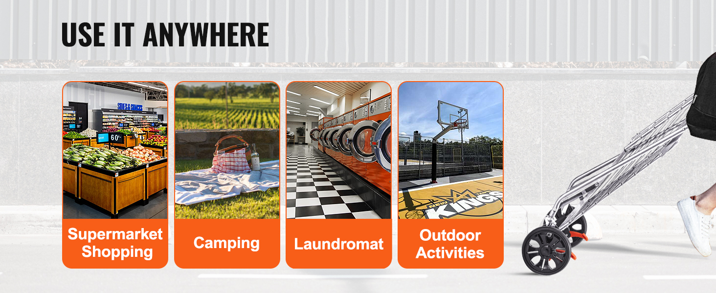 use the VEVOR folding shopping cart for supermarket shopping, camping, laundromat trips, and outdoor activities.