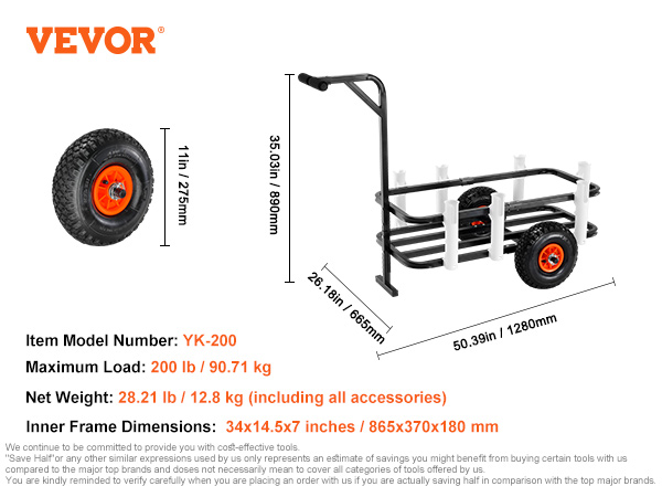 VEVOR beach fishing cart with inflatable rubber wheels, maximum load 200 lb, and seven fishing rod barrels.