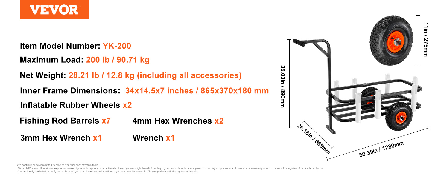 VEVOR beach fishing cart with inflatable rubber wheels, maximum load 200 lb, and seven fishing rod barrels.