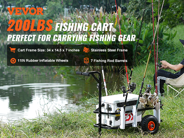 VEVOR beach fishing cart with cooler, rod holders, and gear storage by a lakeside, perfect for anglers.