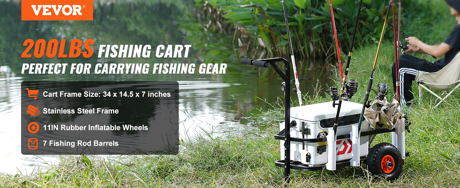 VEVOR beach fishing cart with cooler, rod holders, and gear storage by a lakeside, perfect for anglers.