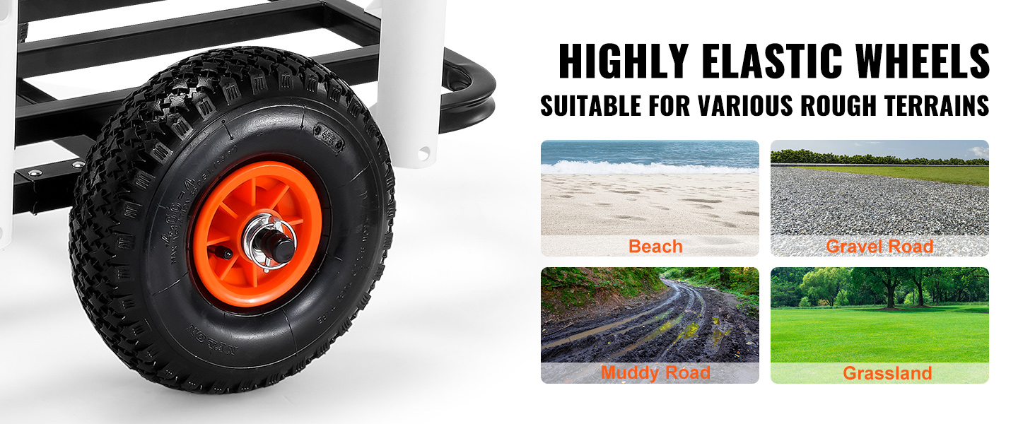 VEVOR beach fishing cart with highly elastic wheels for beach, gravel, mud, and grass terrains.