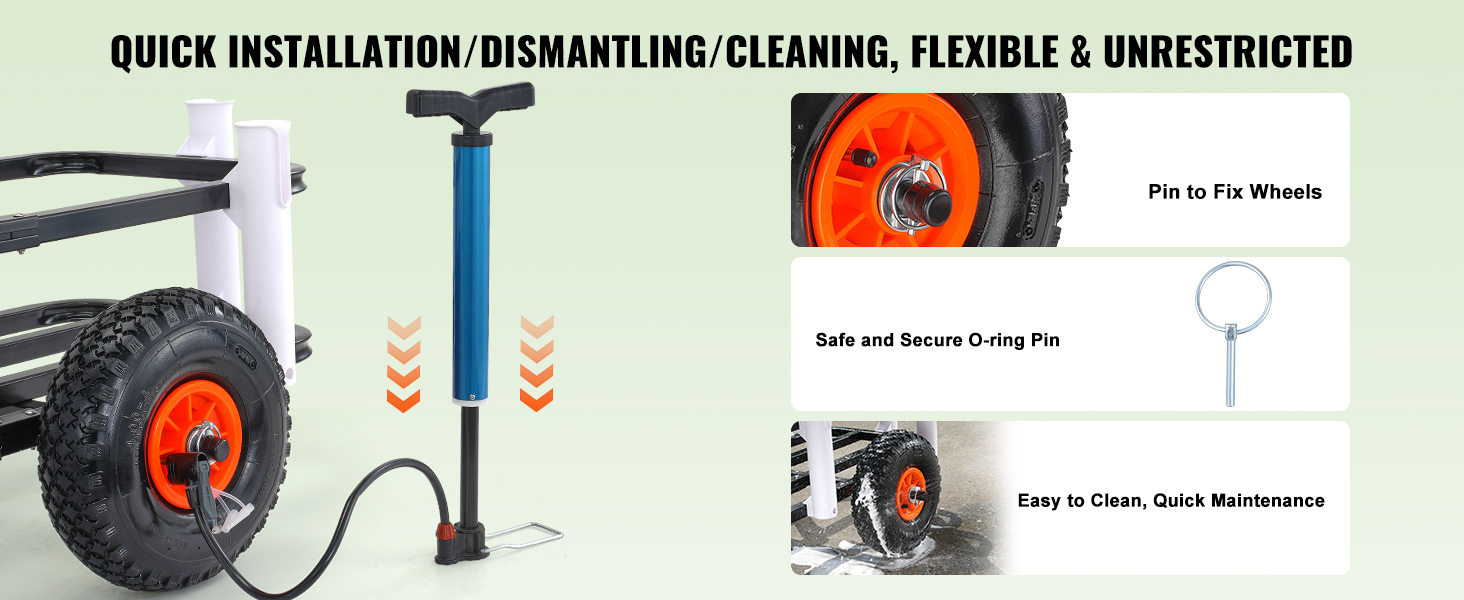 VEVOR beach fishing cart with pump, o-ring pin, and wheel assembly for quick cleaning and maintenance.