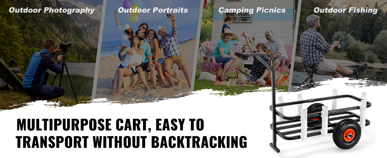 VEVOR beach fishing cart displayed with diverse outdoor activities like photography, portraits, camping, and fishing.