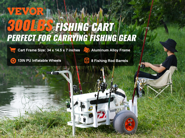 VEVOR beach fishing cart with aluminum alloy frame, 13in pu wheels, and 8 fishing rod barrels by the water.