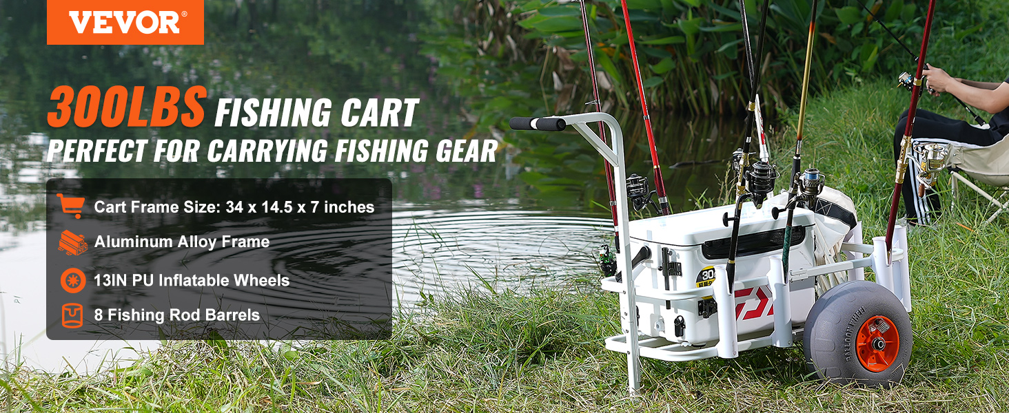 VEVOR beach fishing cart with aluminum alloy frame, 13in pu wheels, and 8 fishing rod barrels by the water.