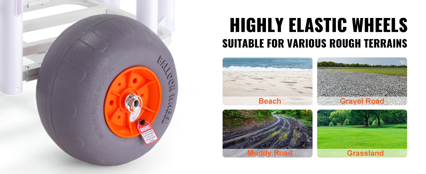 highly elastic wheels of the VEVOR beach fishing cart for smooth movement on beach, gravel, mud, and grass.