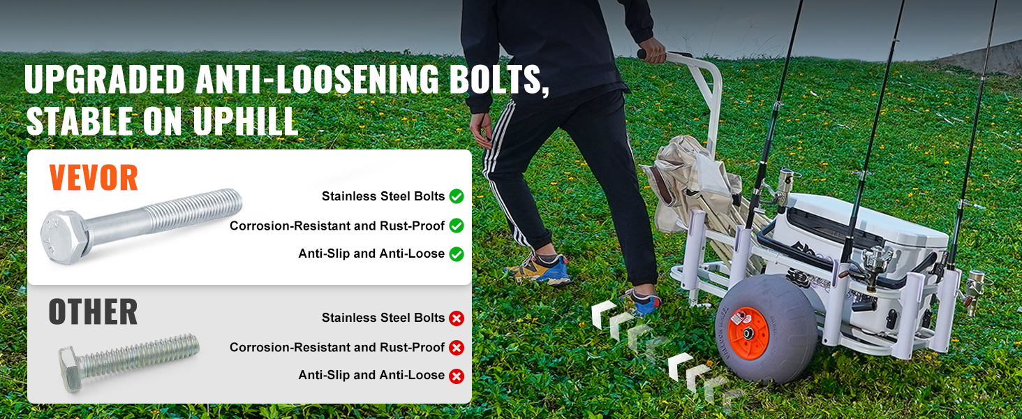 upgraded bolts on VEVOR beach fishing cart ensure stability uphill, featuring stainless steel and anti-slip design.