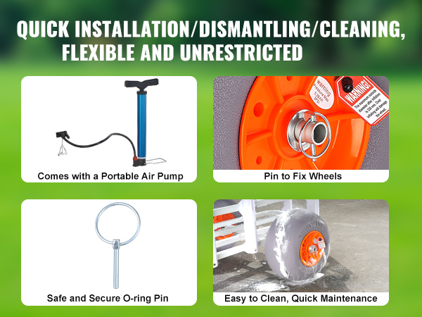 VEVOR beach fishing cart with portable air pump, wheel pin fix, o-ring pin, and easy maintenance.