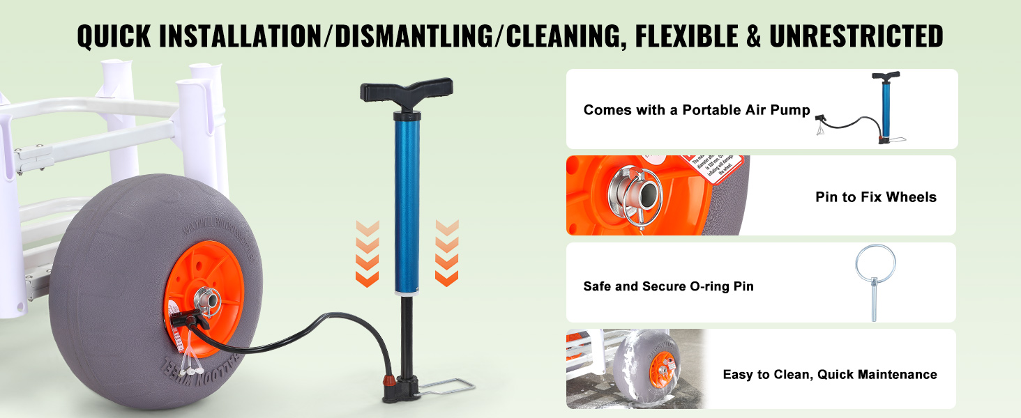 VEVOR beach fishing cart with portable air pump, wheel pin fix, o-ring pin, and easy maintenance.