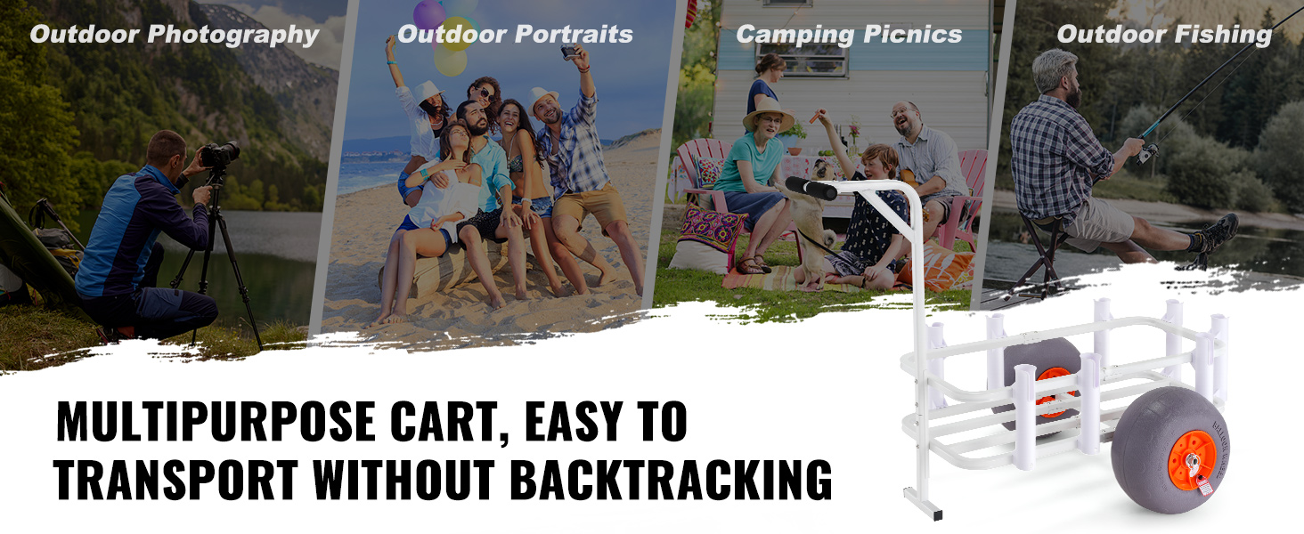 VEVOR beach fishing cart for outdoor photography, portraits, camping picnics, and fishing adventures.