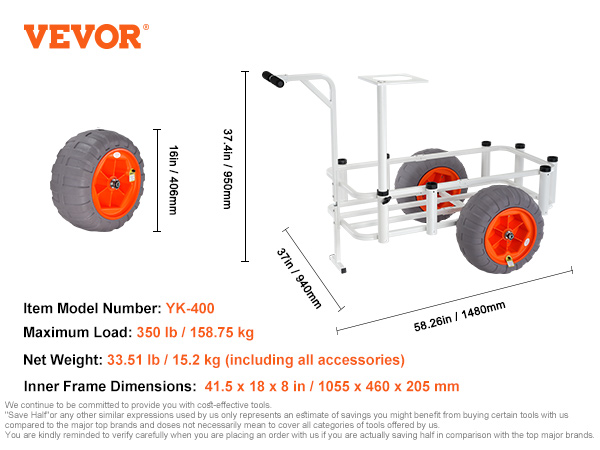 VEVOR beach fishing cart yk-400, 350 lb load, 33.51 lb weight, pu wheels, 8 fishing rod barrels, accessories included.