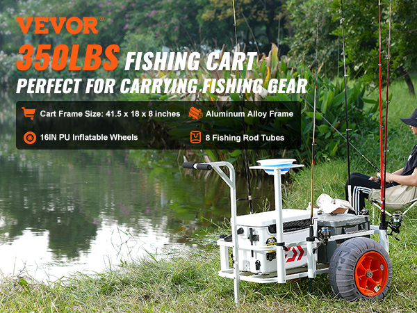 VEVOR beach fishing cart by a lake with fishing rods, tackle box, and inflatable wheels.