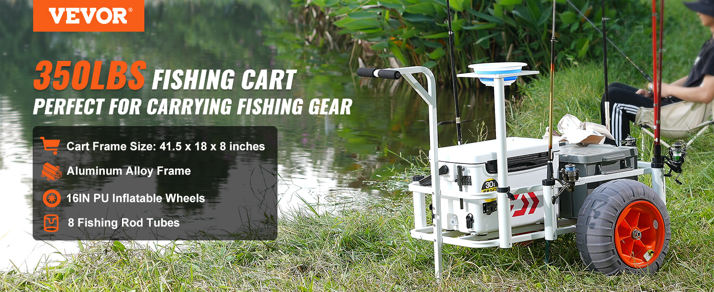 VEVOR beach fishing cart by a lake with fishing rods, tackle box, and inflatable wheels.