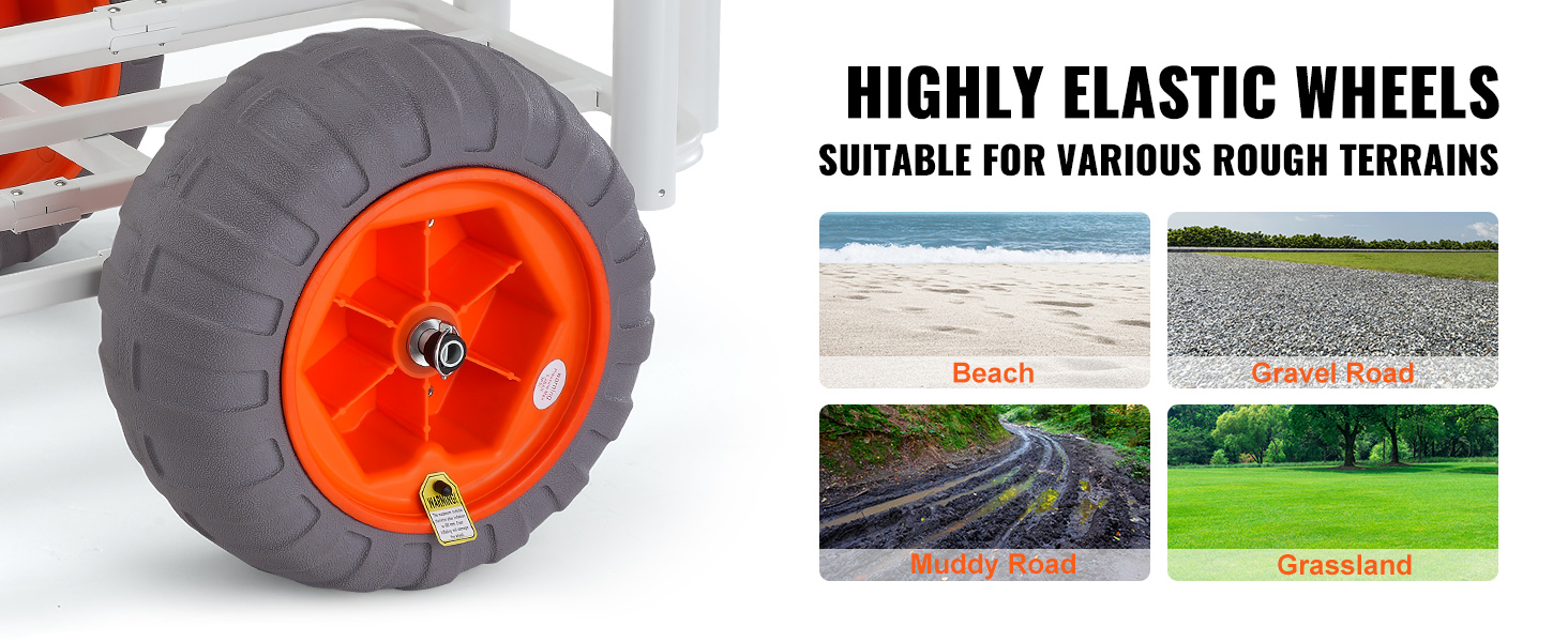 highly elastic wheels of VEVOR beach fishing cart suitable for sand, gravel, mud, and grass.