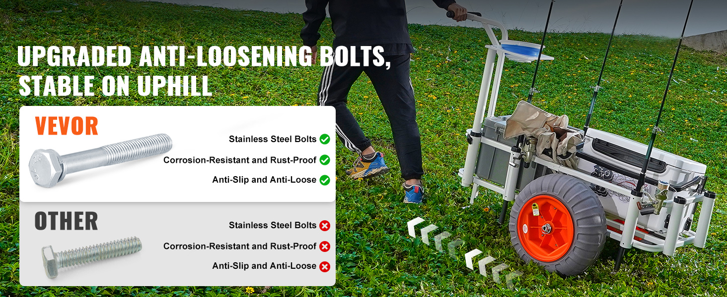 VEVOR beach fishing cart with upgraded anti-loosening bolts for stability on inclines, featuring rust-proof steel.
