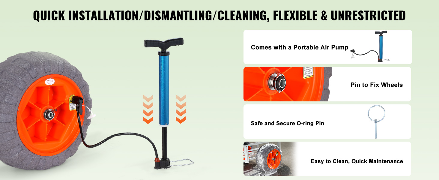 VEVOR beach fishing cart with portable air pump, secure o-ring pin, easy to clean, and fixable wheels.