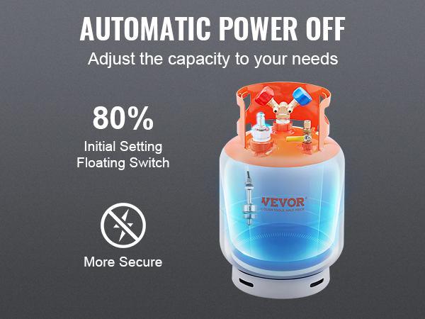 VEVOR refrigerant recovery tank with automatic power off feature and 80% initial setting floating switch.