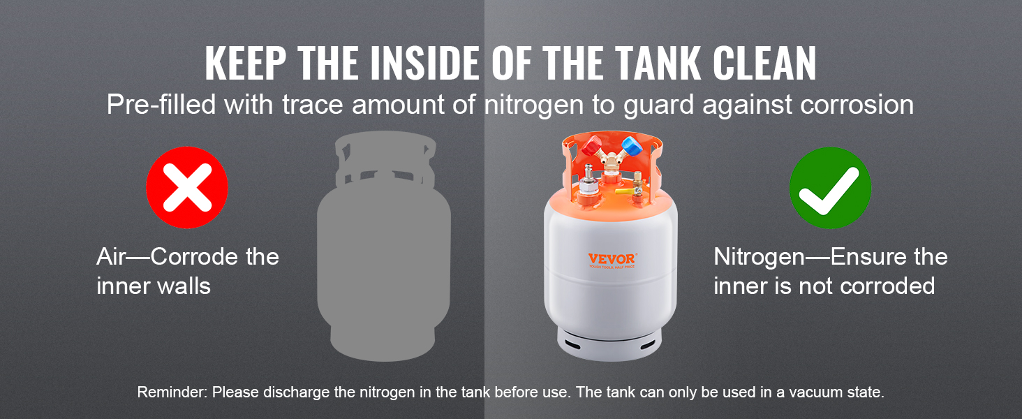 VEVOR refrigerant recovery tank, nitrogen-pre-filled to prevent corrosion, with air and nitrogen comparison.
