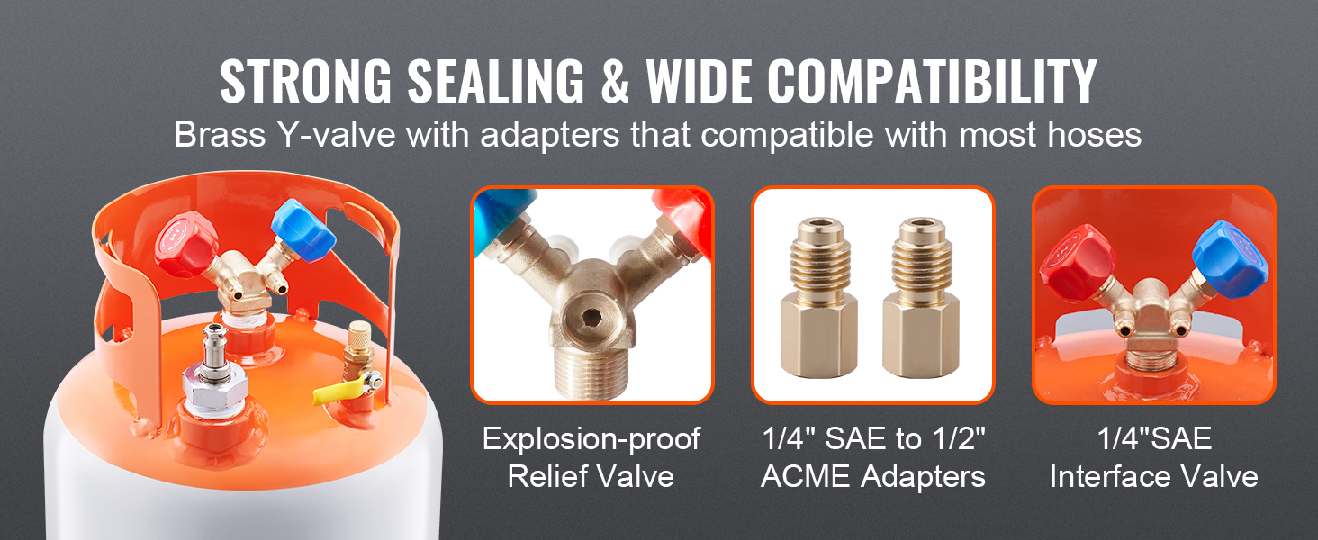VEVOR refrigerant recovery tank with brass y-valve, sae adapters, and explosion-proof relief valve.