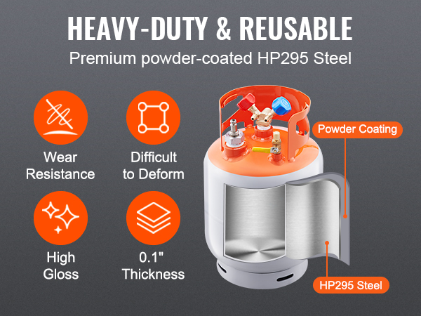 heavy-duty reusable VEVOR refrigerant recovery tank with powder-coated hp295 steel, wear resistance icons.