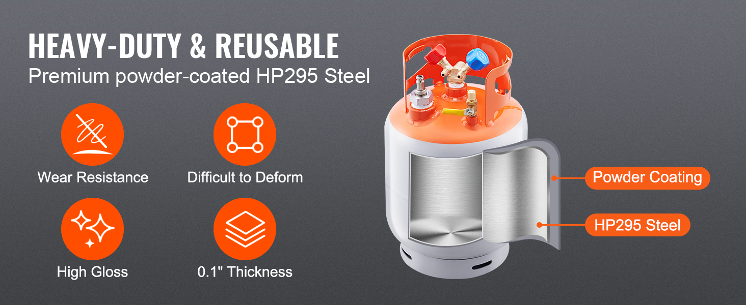 heavy-duty reusable VEVOR refrigerant recovery tank with powder-coated hp295 steel, wear resistance icons.