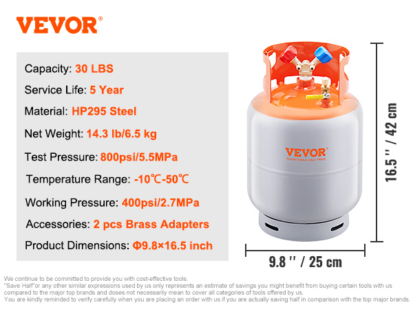 VEVOR refrigerant recovery cylinder, 30 lbs capacity, hp295 steel, 16.5" height, and brass adapters.