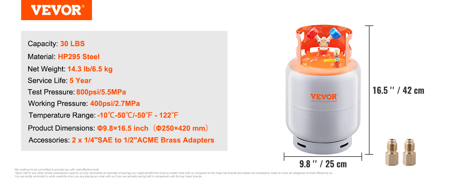 VEVOR refrigerant recovery cylinder, 30 lbs capacity, hp295 steel, 16.5" height, and brass adapters.