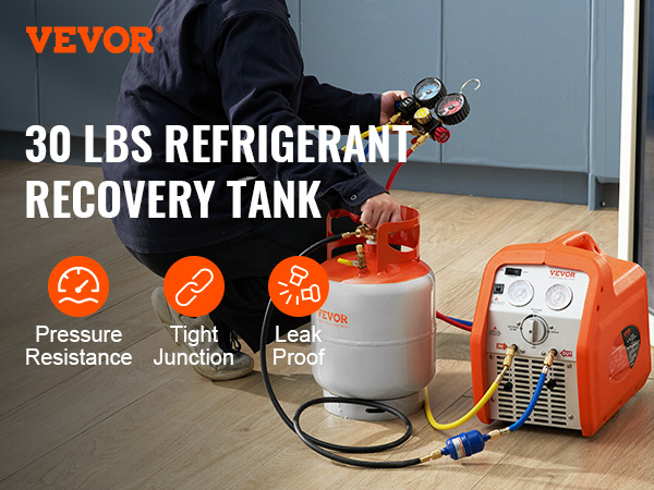 VEVOR refrigerant recovery cylinder connected to an orange recovery machine on wooden floor.