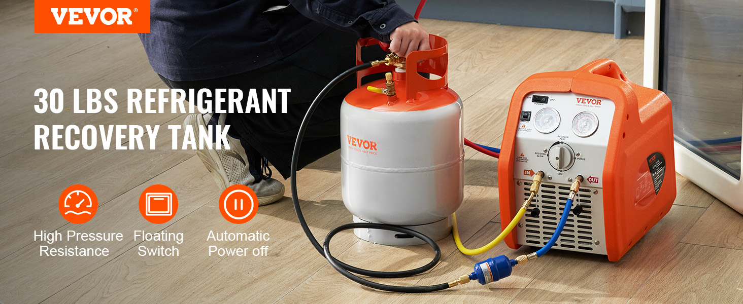 VEVOR refrigerant recovery cylinder connected to an orange recovery machine on wooden floor.