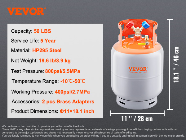 VEVOR refrigerant recovery tank 50 lbs, hp295 steel, 19.6 lb, and 18.1" height with brass adapters.