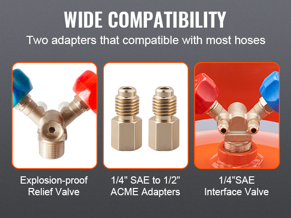 VEVOR refrigerant recovery tank with brass y-valve, relief valve, 1/4"sae adapters, and interface valve.