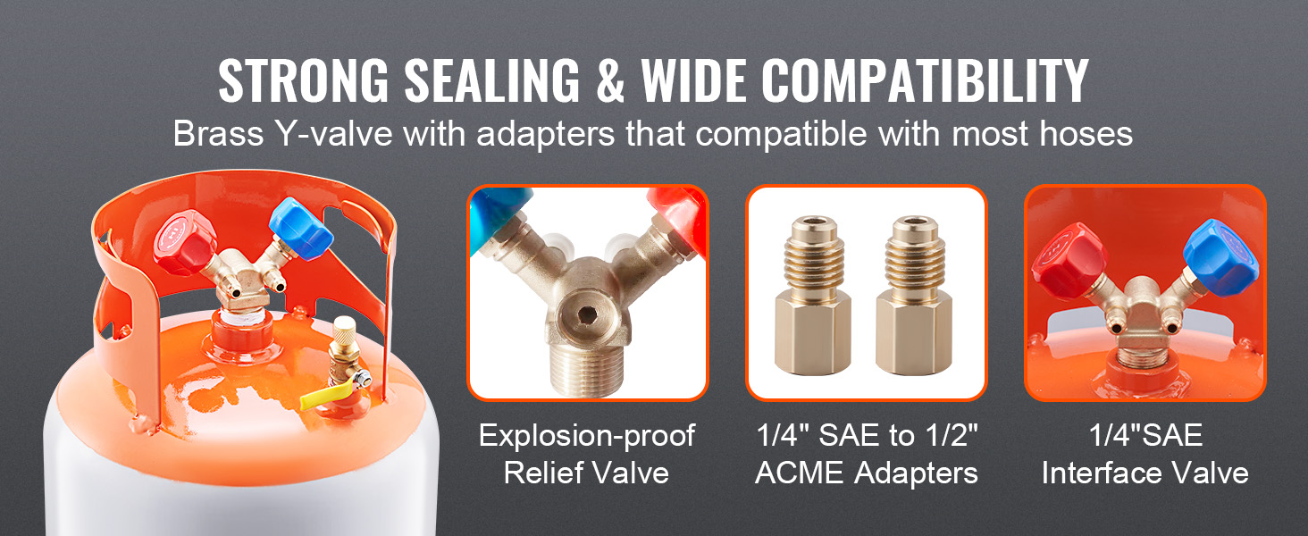 VEVOR refrigerant recovery tank with brass y-valve, relief valve, 1/4"sae adapters, and interface valve.