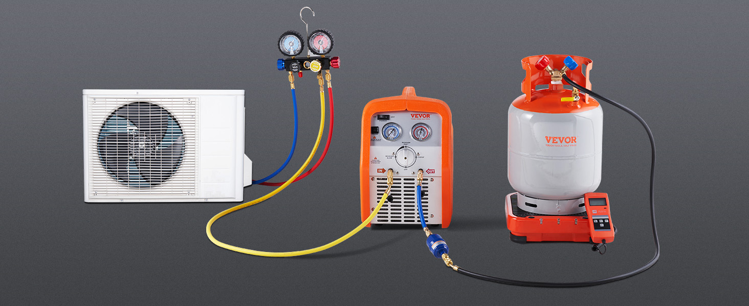 VEVOR refrigerant recovery tank setup with gauges, ac unit, and hoses on a gray background.