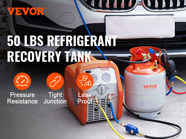 VEVOR refrigerant recovery tank and recovery machine with gauge, hoses connected, high pressure resistance.