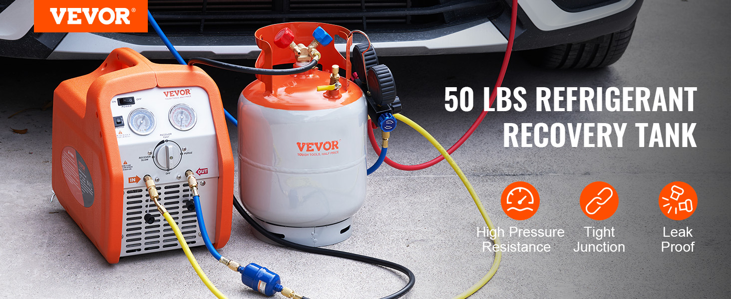 VEVOR refrigerant recovery tank and recovery machine with gauge, hoses connected, high pressure resistance.