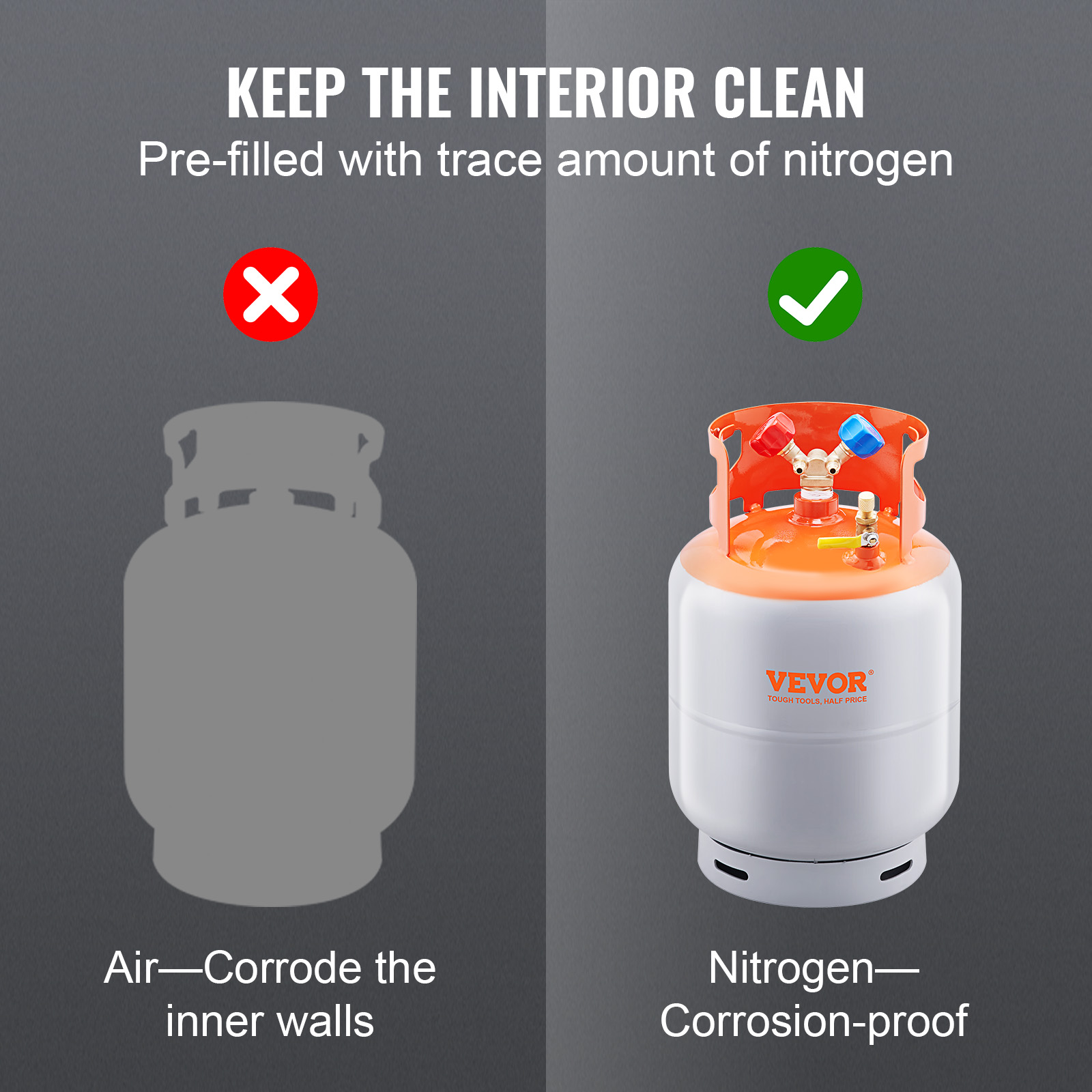 VEVOR refrigerant recovery tank, corrosion-proof with nitrogen pre-fill, compared to air-filled tank.
