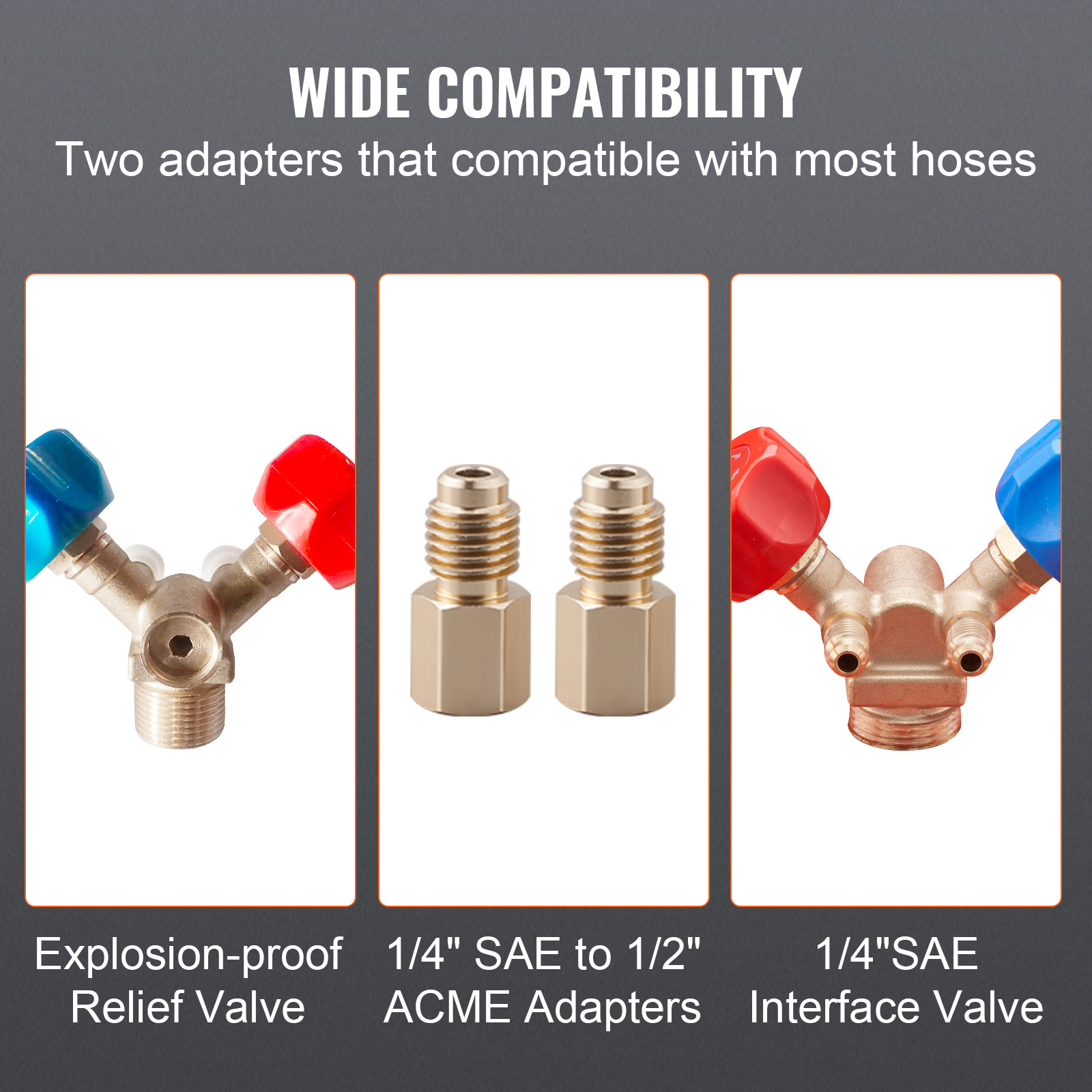 VEVOR refrigerant recovery tank with relief valve, 1/4" sae to 1/2" acme adapters, and interface valve.